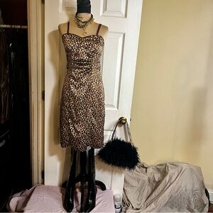 Vtg Y2K Wms La Belle Satin Ruched Leopard Print Corset Style Mini Slip Dress S